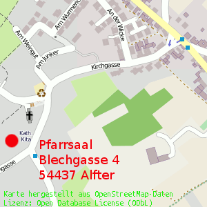 Lageplan mit Kennzeichnung des Pfarrsaales. Link auf die Interaktive Karte von OpenStreetMap